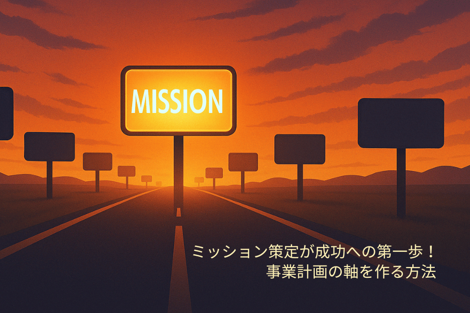 ミッション策定が成功への第一歩!事業計画の軸を作る方法 「ミッション策定が成功への第一歩!事業計画の軸を作る方法」というテキストと、「MISSION」と書かれた標識が立つ道路のイラスト。夕焼け空の下、地平線に向かって伸びる道が描かれており、目標に向かって進むことの重要性を示唆している。