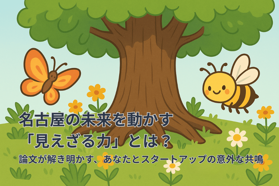 名古屋の未来を動かす「見えざる力」とは? 木、蝶、ミツバチが描かれたイラストの背景に、『名古屋の未来を動かす 『見えざる力』とは? 論文が解き明かす、あなたとスタートアップの意外な共鳴』というテキストが配置された画像。エコシステムを彷彿とさせる。