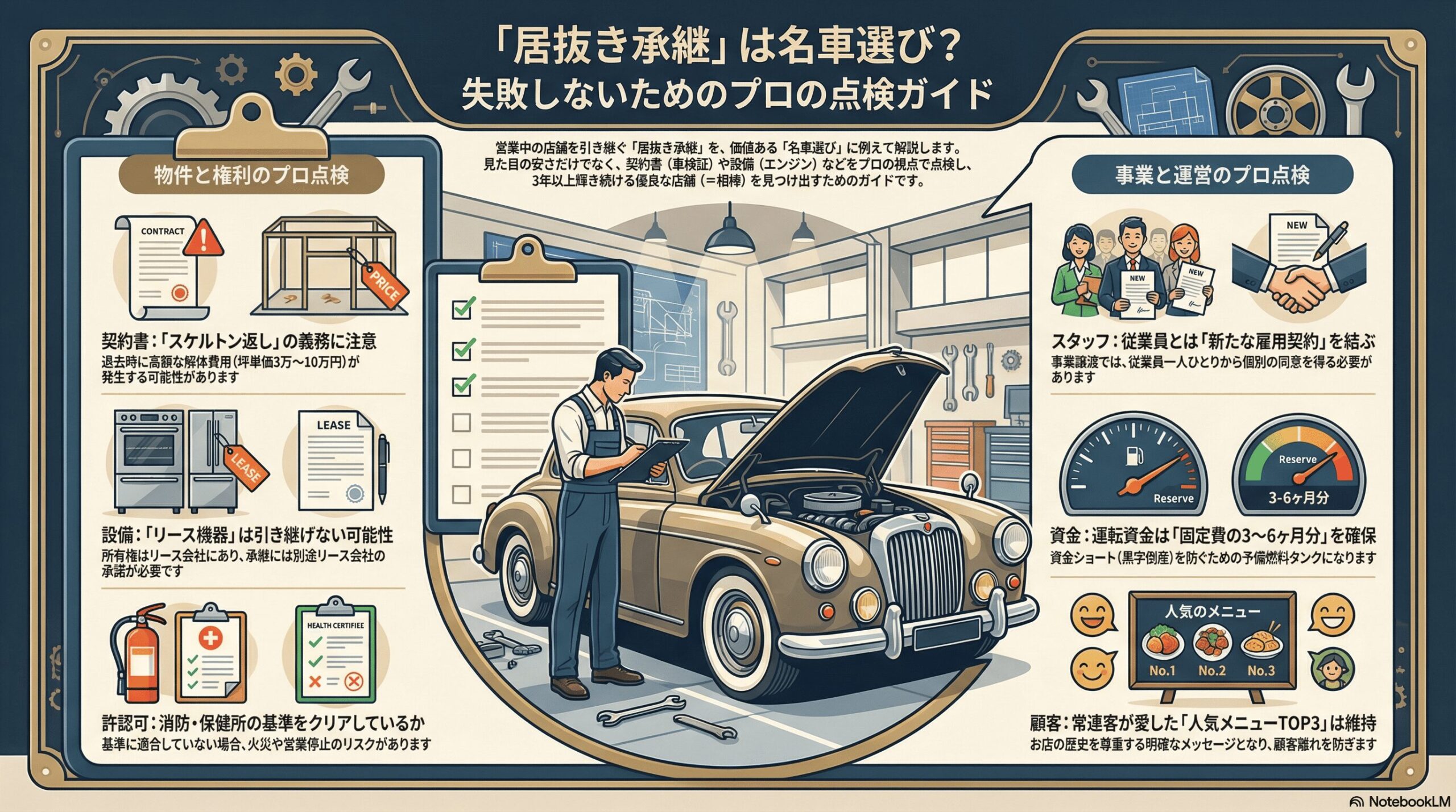 図解：居抜き承継の失敗を防ぐプロの点検ガイド。物件・権利（契約書、設備、許認可）と事業・運営（スタッフ、資金、顧客）の6つのチェックポイントを車の点検になぞらえて解説。