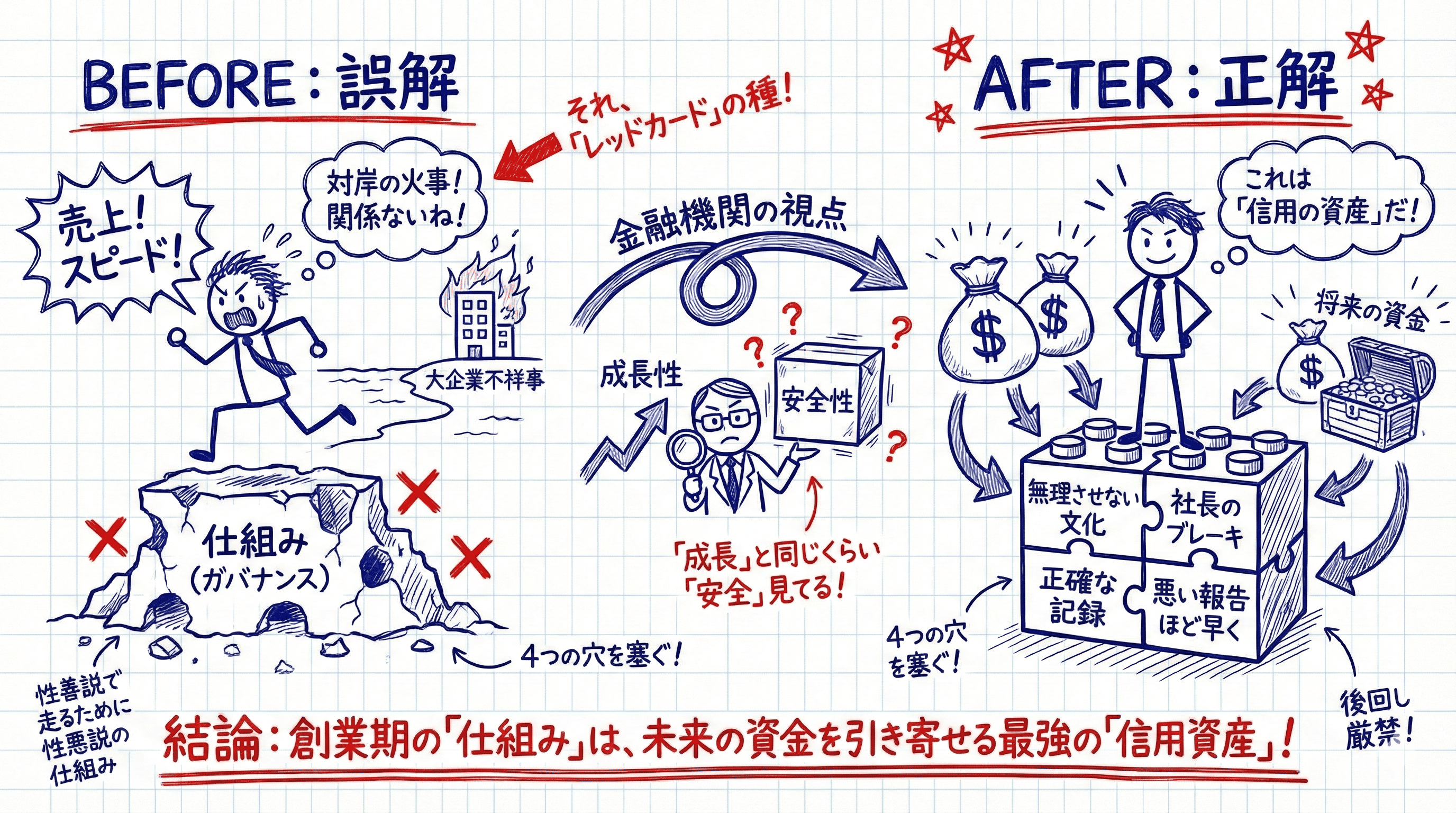 創業期のガバナンス（仕組み）が信用資産になることを解説した図解。左側には「売上・スピード」を優先してガバナンスが疎かになっている「誤解（Before）」の状態、右側には「社長のブレーキ」「正確な記録」など4つの穴を塞いで強固な土台を築いた「正解（After）」の状態が対比されています。