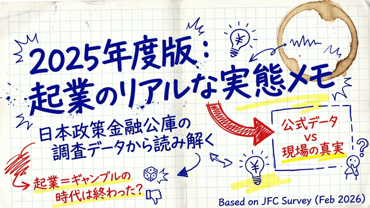 2025年度版:起業のリアルな実態メモ。日本政策金融公庫の調査データ(2026年2月発表)に基づき、公式データと現場の真実を対比させる内容。ノート風のデザインに「起業=ギャンブルの時代は終わった?」という問いかけが添えられている。