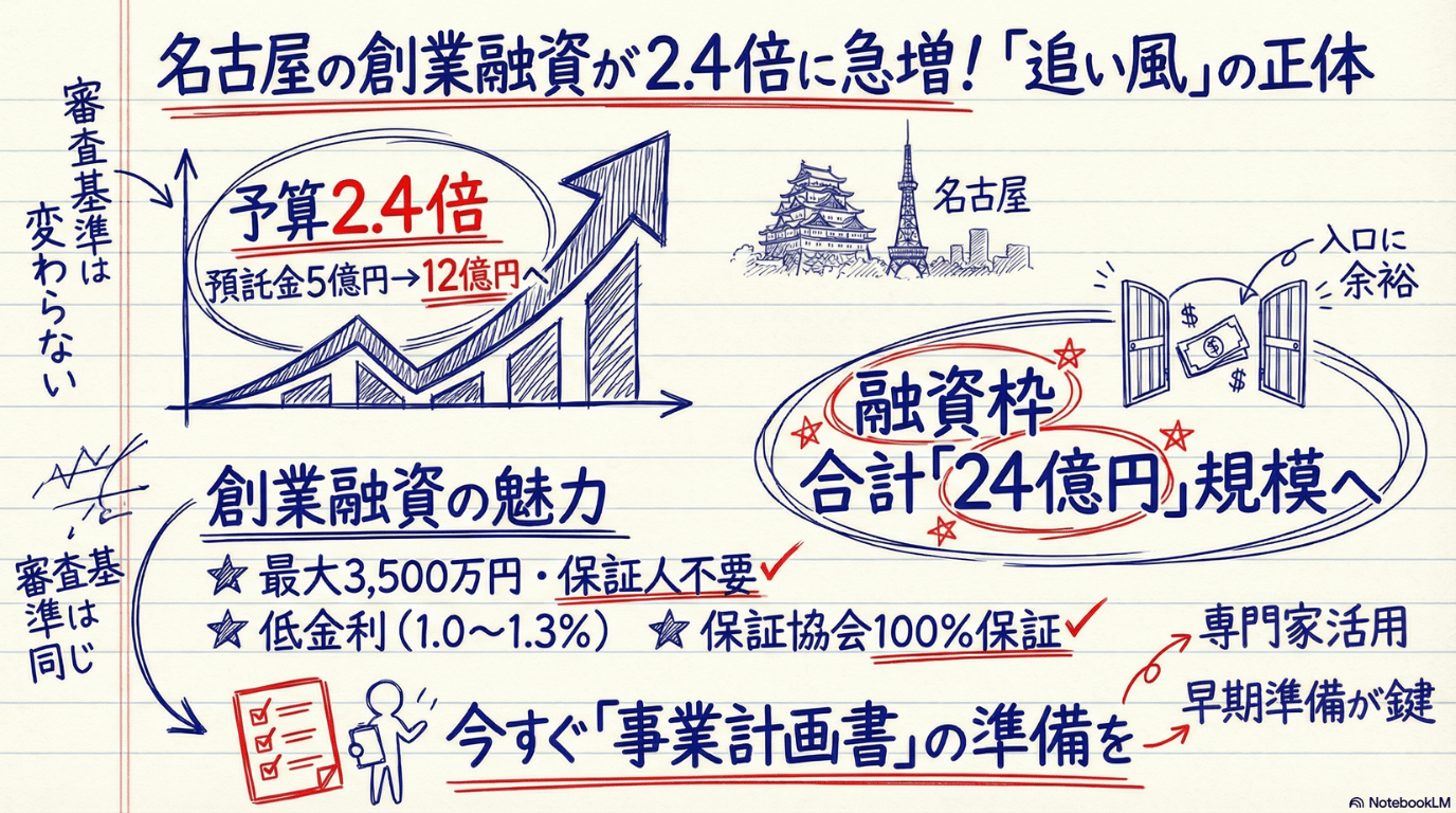 名古屋市の創業融資予算が2.4倍に急増したことを示すインフォグラフィック。預託金が5億円から12億円へ増え、融資枠が合計24億円規模へ拡大。制度の魅力として最大3,500万円・保証人不要・低金利・100%保証を挙げ、審査基準は変わらないため早期の事業計画書準備が鍵であることを伝えています。