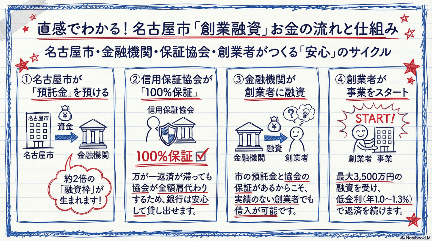 名古屋市「創業融資」の仕組みを図解。1.名古屋市が金融機関に預託金を預け融資枠を約2倍に拡大。2.信用保証協会が融資を100%保証。3.金融機関が創業者の実績に関わらず融資を実行。4.創業者が最大3,500万円・低金利（1.0%〜1.3%）で事業を開始し返済する、という安心のサイクルを説明しています。