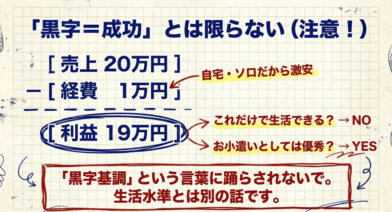 収支例の図解。売上20万円から経費1万円を引いた利益19万円の事例。自宅・ソロ運営のため経費は安いが、これだけで生活できるかは『NO』、お小遣いとしては『YES』と示し、黒字基調という言葉と生活水準は別物であると注意を促している。