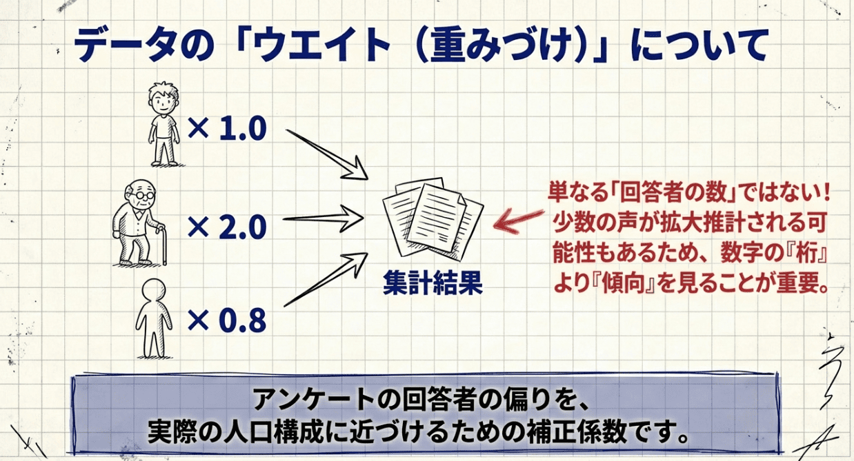 データの「ウエイト(重みづけ)」についての解説図。異なる属性の回答者に1.0、2.0、0.8といった補正係数を掛け合わせ、アンケート回答者の偏りを実際の人口構成に近づける仕組みを図解。数字の桁より傾向を見ることが重要と補足されている。